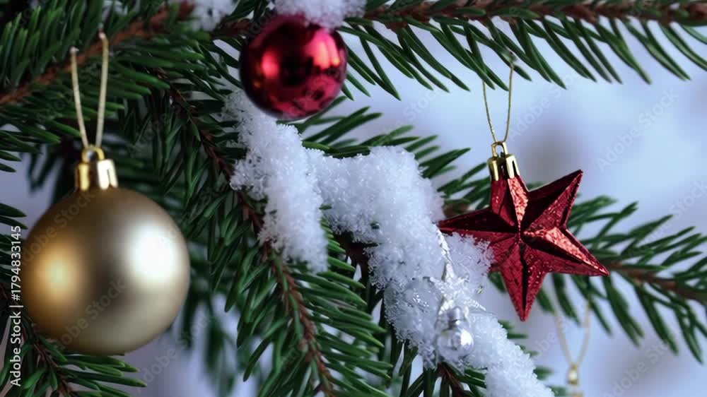 Festive pine branch with red star and gold ornament in winter snowy scene
