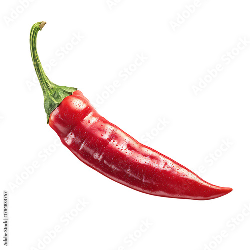 Single red chili pepper with water droplets isolated on transparent background for design