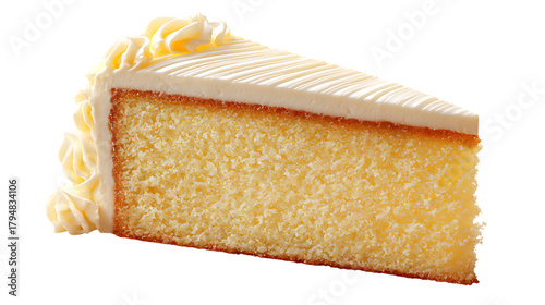 Single slice of delicious yellow cake with white frosting on transparent background