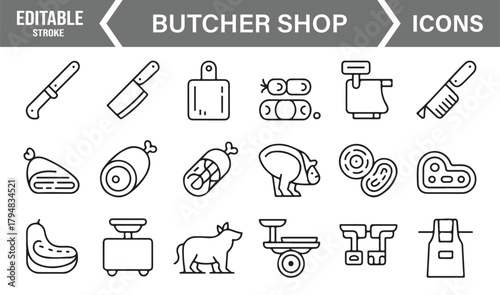 Professional Line Art Icons of Butchery Items Including Knives, Trays, and Sausages