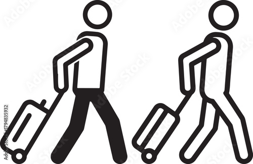 Two travelers with rolling luggage silhouette