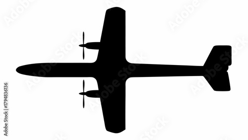 Silhouette of an airplane with two propellers and a tail fin viewed from directly above on white