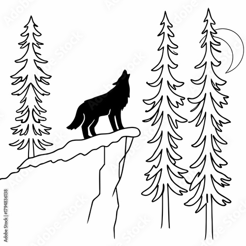 Silhouette of a howling wolf on a cliff with pine trees and a crescent moon in a monochrome illustration created with generative ai
