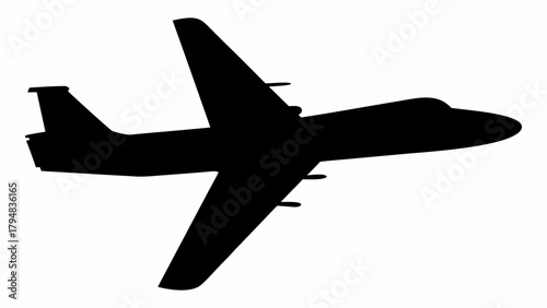 Silhouette of a commercial airplane with wings and tail in a flying position on a white background