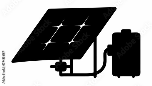 Illustration of a solar panel connected to a battery in black silhouette on a white background