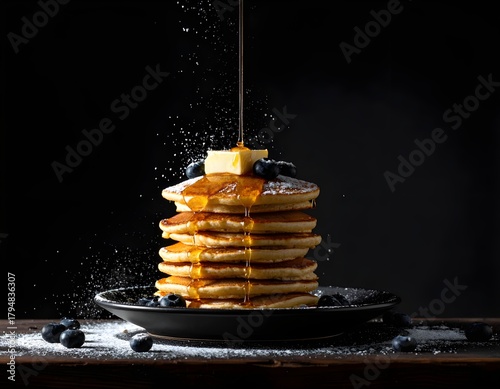 Stack of Fluffy Pancakes with Blueberries and Maple Syrup Pour