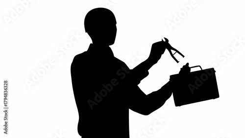 Silhouette of a technician holding pliers over a toolbox in a black and white illustration style