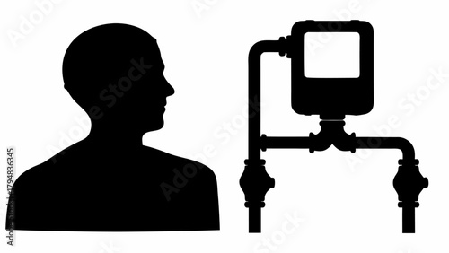 Silhouette of a person next to a water meter with pipes and valves in black and white style
