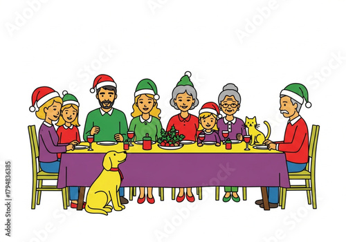 Family gathered around the dining table for Christmas dinner. Having Christmas dinner at home, gathered around the table, enjoying their time together vector.