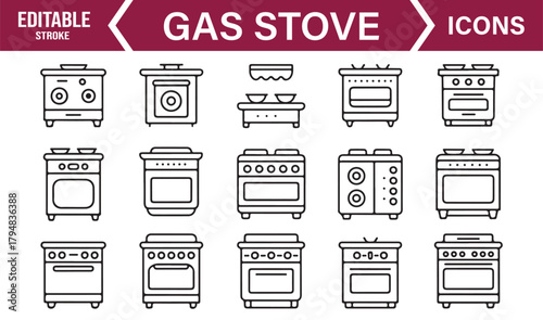 Clean Linear Icon Set Featuring Household Cooktops, Gas Ranges, and Cooking Equipment