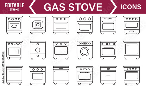 Minimal Outline Icons of Gas Stoves, Ovens, Burners, and Kitchen Appliances