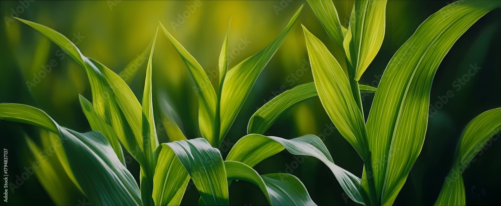 Fototapeta premium Lush green corn leaves soaking up warm golden light on a calm summer night
