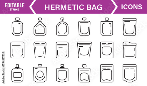 Vector Icon Collection Representing Food Storage Bags, Plastic Packs, and Zip Closures