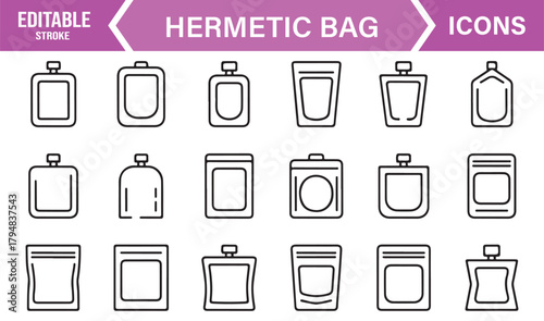 Clean Linear Icon Set Featuring Airtight Packaging, Stand-Up Bags, and Sealable Pouches