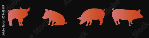 Pig silhouette icon isolated on white background. Black and white line drawing of a pig with detailed texture sketch. Vector illustration.