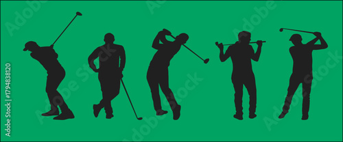 Silhouette of two golfers shaking hands with clubs, vector illustration for sportsmanship, golf etiquette, teamwork, and professional tournament concept design. hand drawn golfer silhouettes. Vector.