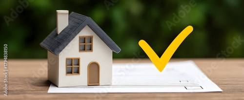 Approved mortgage paper with tiny home and bright yellow checkmark icon.