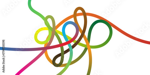 A clean abstract digital design featuring multiple wide, smooth, continuous, and intertwined looping lines, each line displaying a vibrant, distinct color gradient (including blue, green, yellow, red,