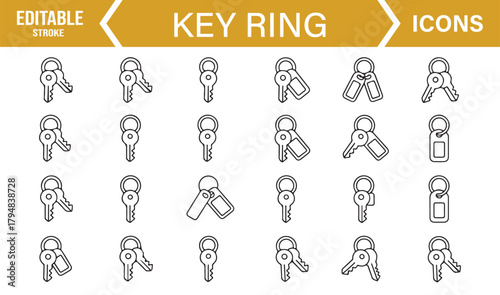 Clean Linear Icon Set Featuring Security Keys, Tags, and Lock Accessories