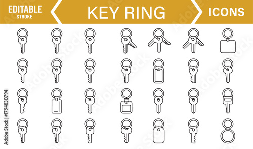 Minimal Outline Icons of Key Rings, House Keys, Car Keys, and Keychains