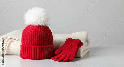 Cozy red winter hat and gloves with scarf