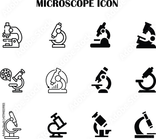 Microscope vector icon in clean modern style, representing science, research, analysis, biology and laboratory equipment. Perfect for medical and scientific projects