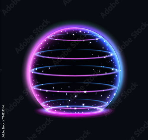 3d sphere shield. Neon glowing round protective barrier, iridescent aura ball element, security dome with spackle light stripes orb, protect electric technology, vector isolated surface guard object