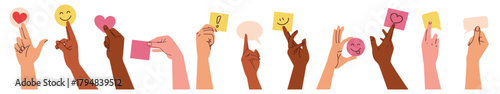 Hand holding feedback card. Arm gesture. Happy characters show stickers with love heart emoji and smiley. Emotion expression. Speech bubble. Review symbol. Social media reaction elements vector set