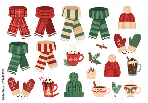 Winter Accessories: Scarves Hats Mittens and Hot Drinks for a Cozy Holiday Season.