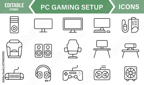 Clean Outline Icon Set Representing Modern Gaming Desktops, Controls, and Audio Equipment