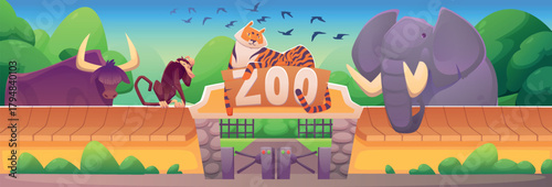 Zoo scene. Cartoon kids jungle park gate with animals. Fun safari entrance for children. Entry arch. Landscape of African savannah. Fence with wild rhino and lion. Door in wildlife vector background