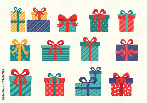Colorful Gift Boxes with Ribbons and Patterns for Celebrations.