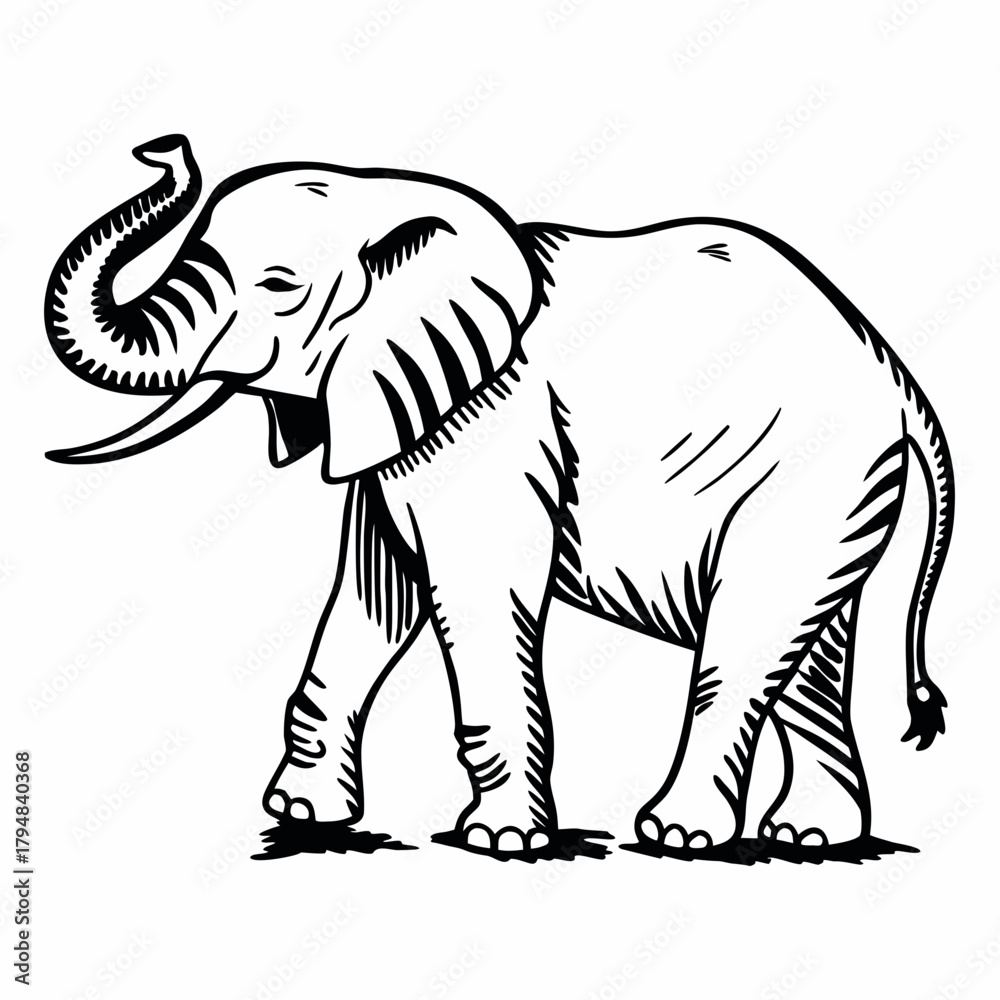 Fototapeta premium Illustration of an elephant with its trunk raised and visible tusks in black and white style created with generative ai