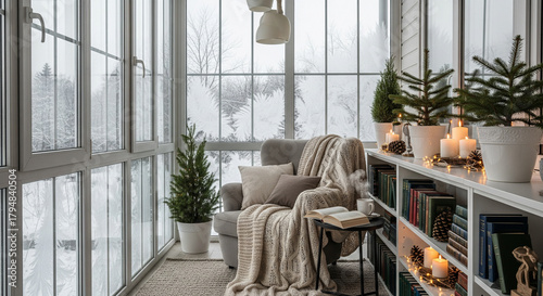 zoom background Cozy winter retreat, armchair, books, candles, and snowy window view