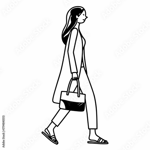 Line art illustration of a woman walking with a handbag wearing sandals and a long jacket in black and white created with generative ai