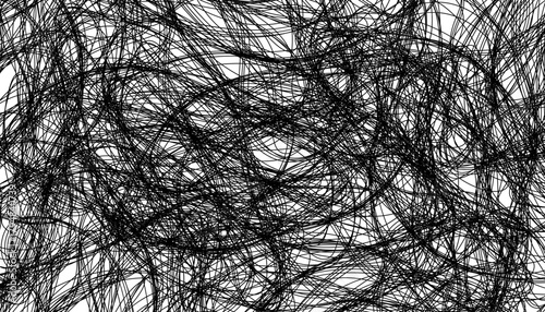 Abstract black scribble lines forming a chaotic, tangled pattern on a white background, creating an expressive and dynamic texture suitable for artistic, modern, and creative design projects.