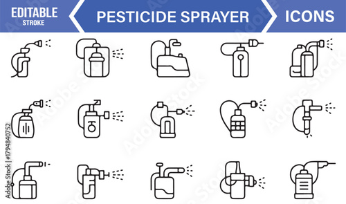 Thin-Line Agricultural Sprayer Icons for Farming, Gardening, and Chemical Use
