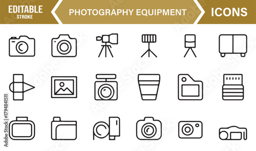Simple Outline Icon Pack of Photo Equipment for Studio and Outdoor Photography