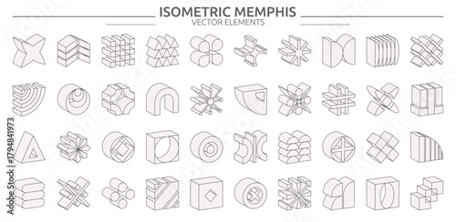 Brutal form 3D. Isometric wireframe icon. Geometric block element. Abstract Memphis line shape. Bold cube logotype. Minimalism polygon symbol. Cross and star figure. Basic symbol. Vector garish set