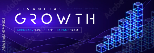 Financial growth data analytics AI model metrics. Neon 3D cubes rising bars on dark gradient. For fintech reports dashboards pitch slides web. Finance visuals for presentations. Vector illustration