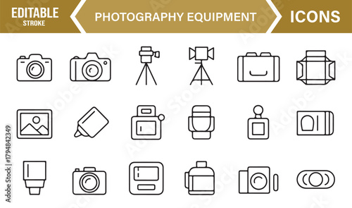 Minimal Line Art Icons of Cameras, Lenses, Tripods, and Professional Photography Gear