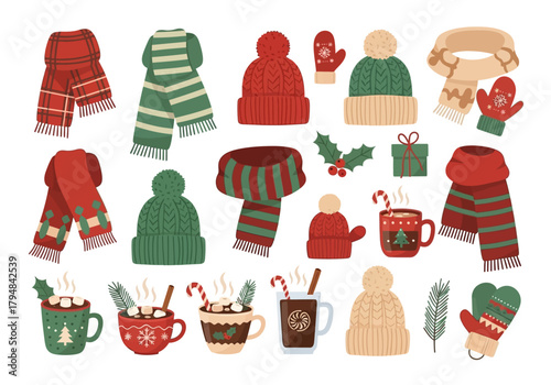Winter Holiday Accessories: Scarves Hats Mittens and Hot Chocolate Mugs.
