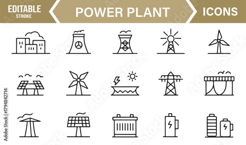 Energy Infrastructure Icon Set Showing Power Grids, Stations, and Renewable Sources