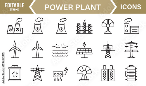 Vector Outline Icons Depicting Solar, Wind, Hydro, and Nuclear Energy Systems