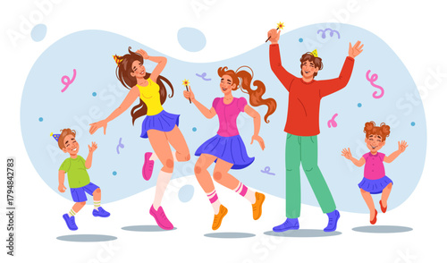 Family celebration. Mother, father, and kids celebrating together. Home folk happiness, laughter and dancing characters. Cartoon smiling people festive. Happy Xmas. Vector tidy isolated illustration