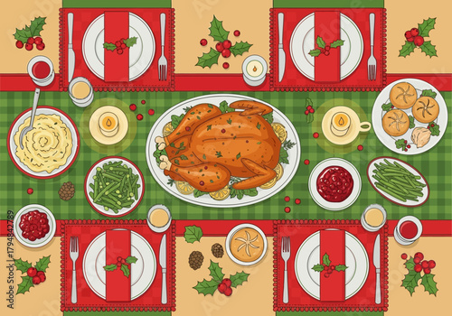 Festive Thanksgiving Table Setting with Roasted Turkey and Holiday Dishes.