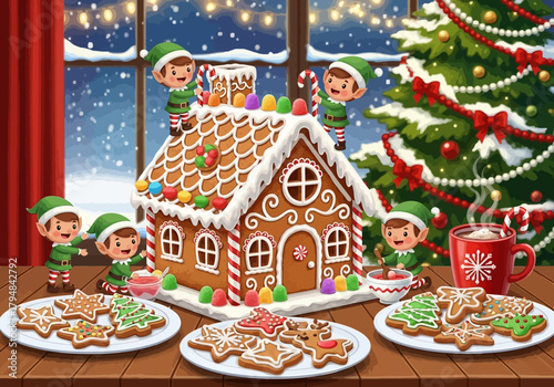 Festive Gingerbread House Scene with Elves and Christmas Cookies.