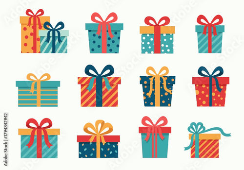 Colorful Gift Boxes with Ribbons and Patterns Festive Presents Collection.