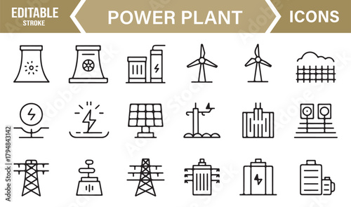 Industrial Energy Production Icons Featuring Renewable and Conventional Power Facilities