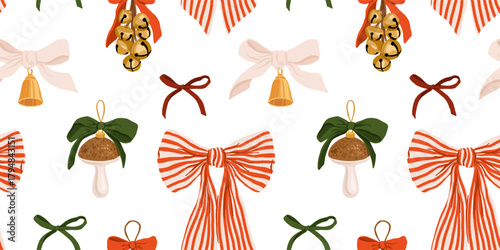 Vintage Christmas bows and ornaments seamless pattern, cozy handmade holiday ribbons with bells, striped and satin bows, rustic festive background, elegant winter celebration flat vector illustration
